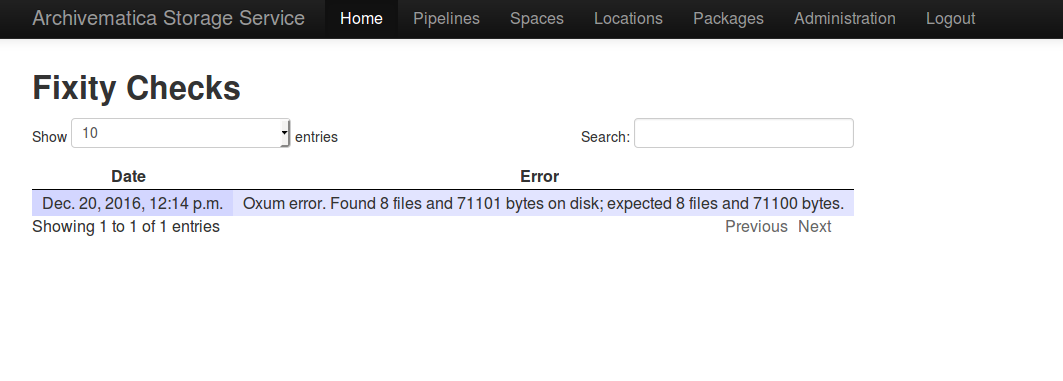 Fixity history page showing an error in fixity check.