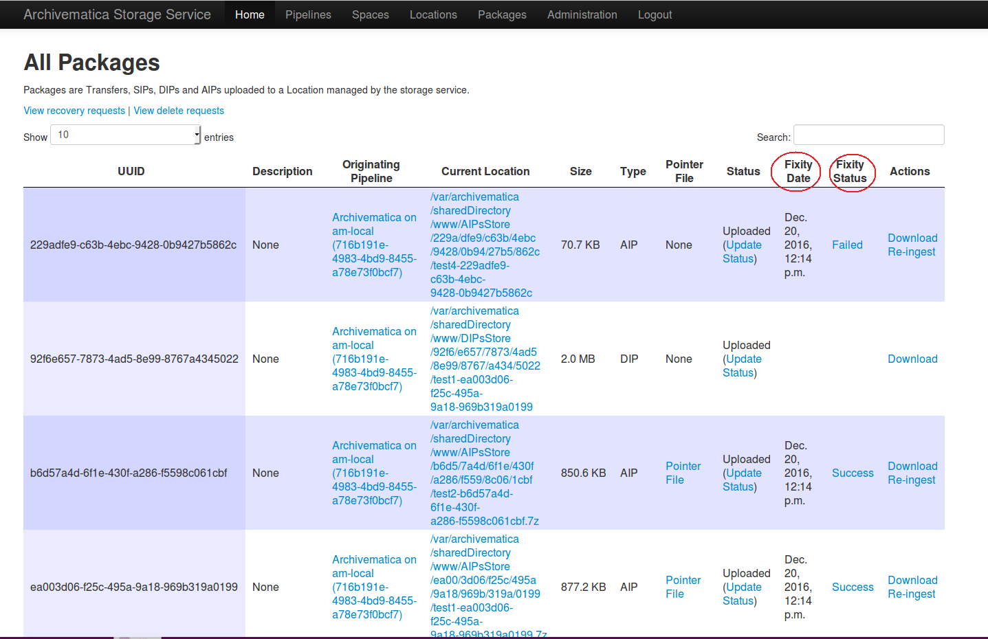 The packages tab in the Storage Service showing Fixity Date and Fixity Status.