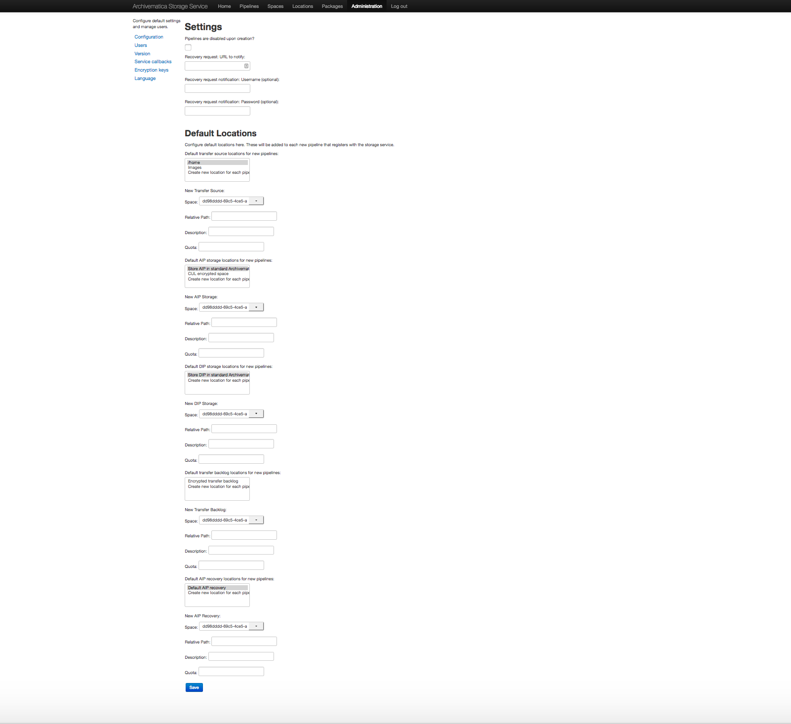 Storage Service Administration screen.