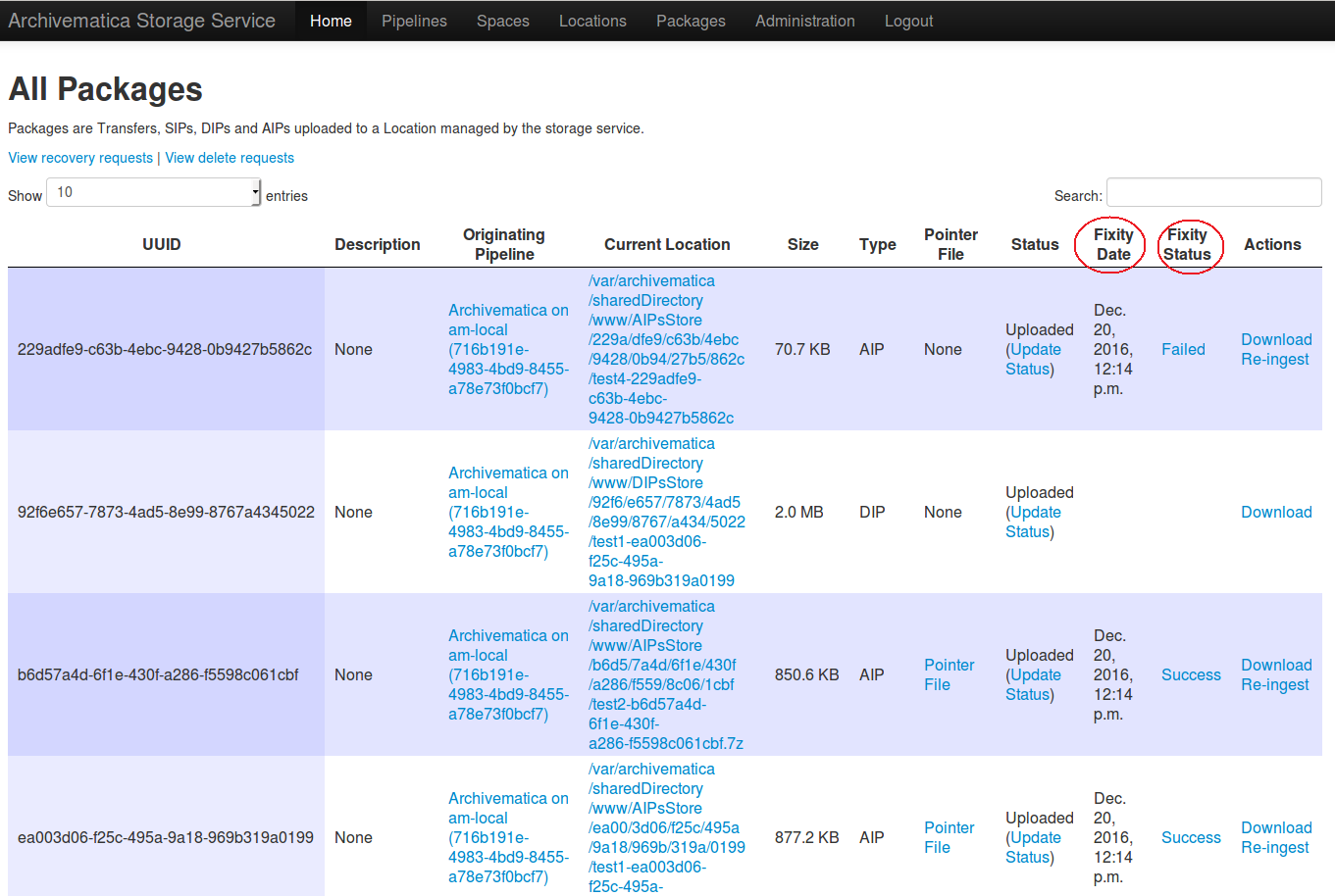 The packages tab in the Storage Service showing Fixity Date and Fixity Status.