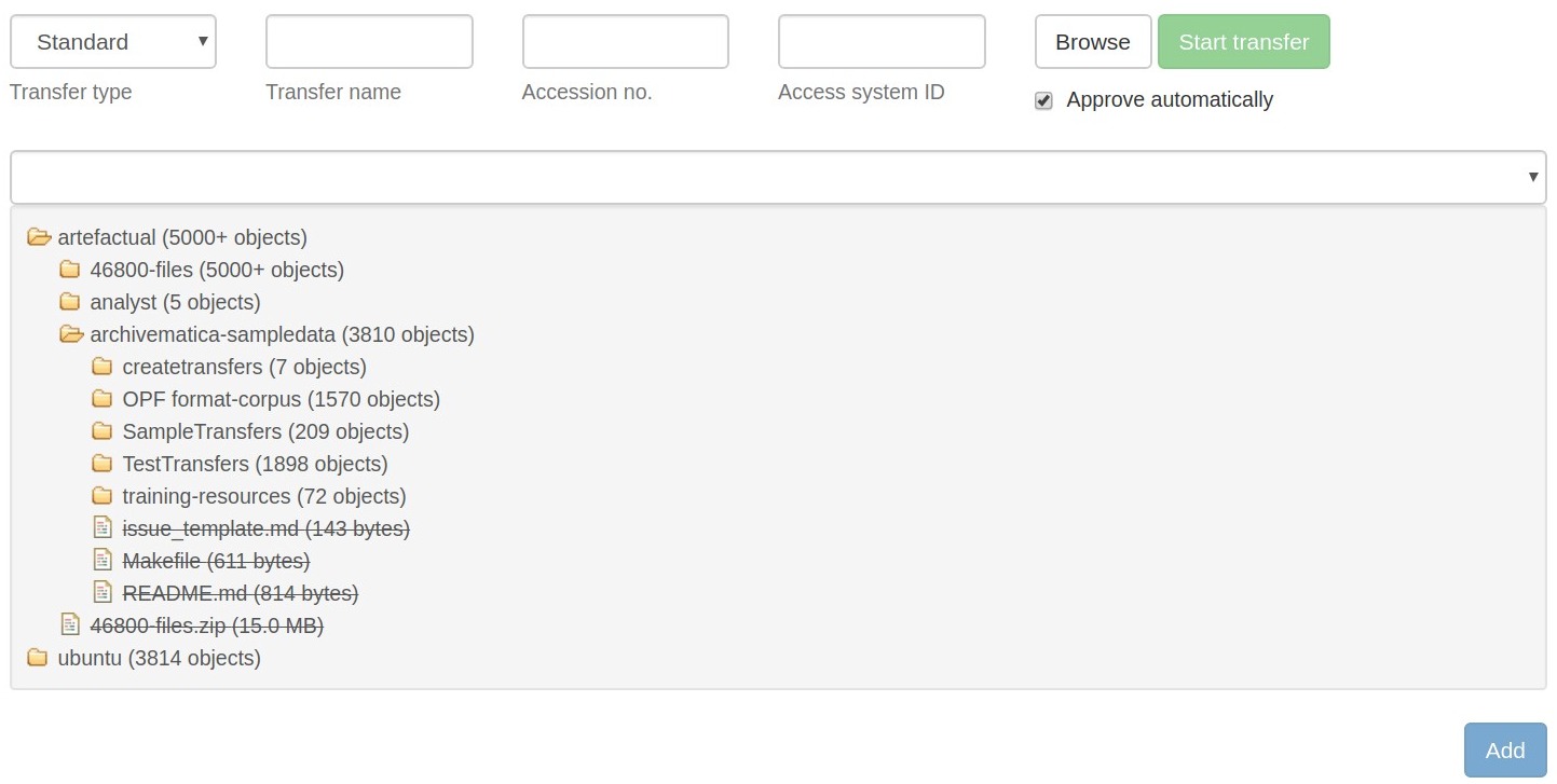 A list of directory names with object counts beside them - for example, ``archivematica-sampledata (3810 objects)``.