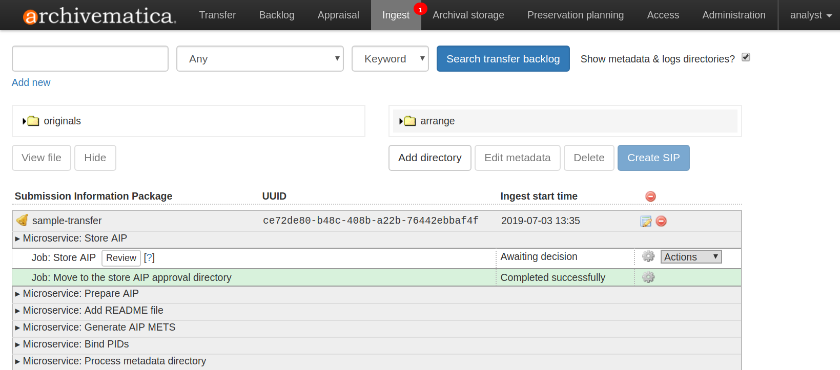 The Ingest tab of Archivematica, showing an AIP waiting for user input at the Store AIP decision point.