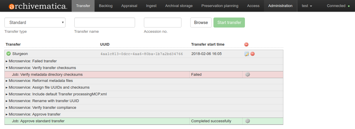 The dashboard showing a transfer has failed