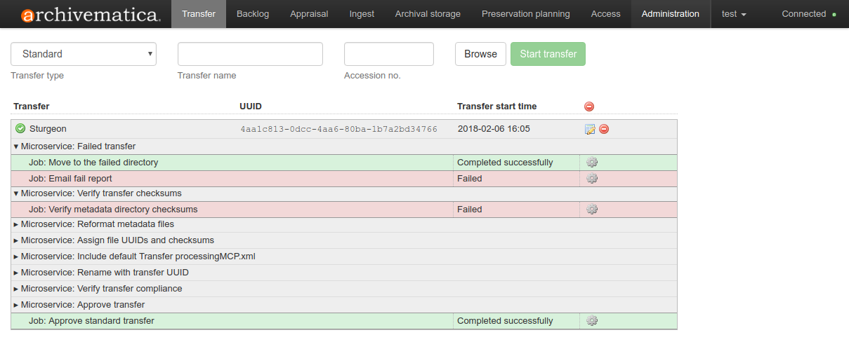 Microservice expanded to show the failed job