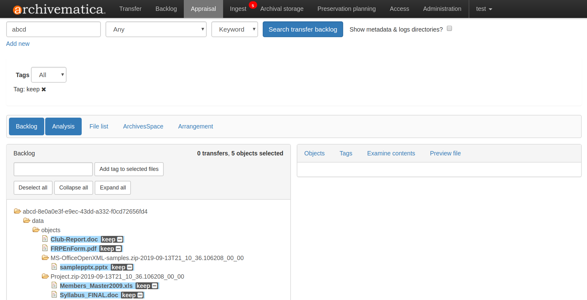 The backlog pane now only displays files with the "keep" tag.