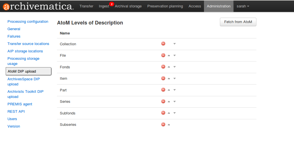 Levels of description from AtoM shown in Archivematica administration screen
