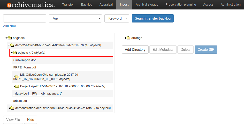 Transfer backlog search showing population of the Originals pane