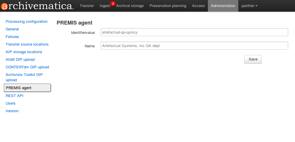 PREMIS agent settings in Administration tab