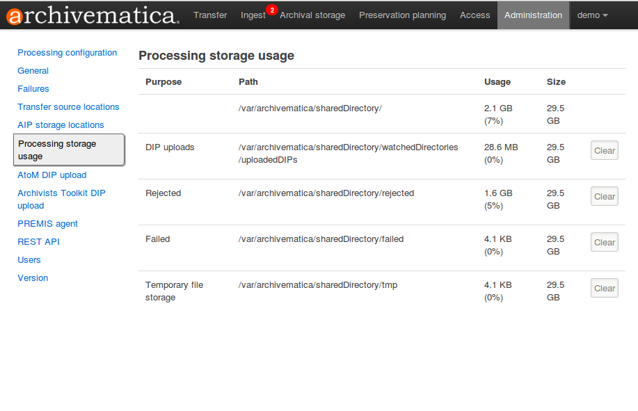 Processing storage usage area of Administration page