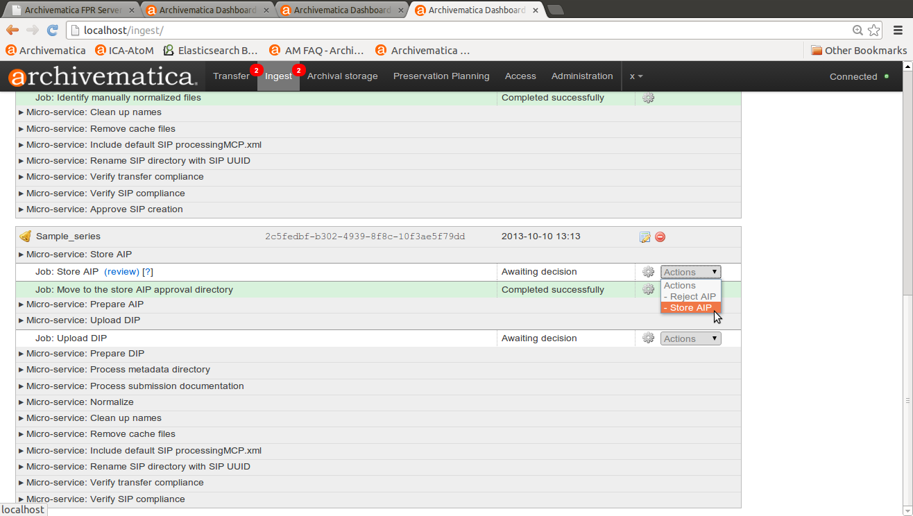 Archivematica ready to store AIP and upload DIP
