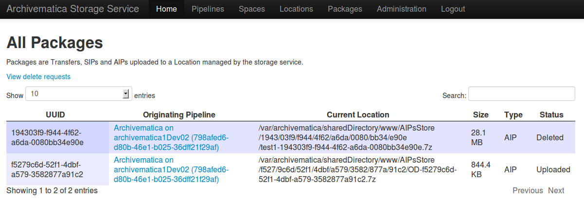 Storage Service packages screen.