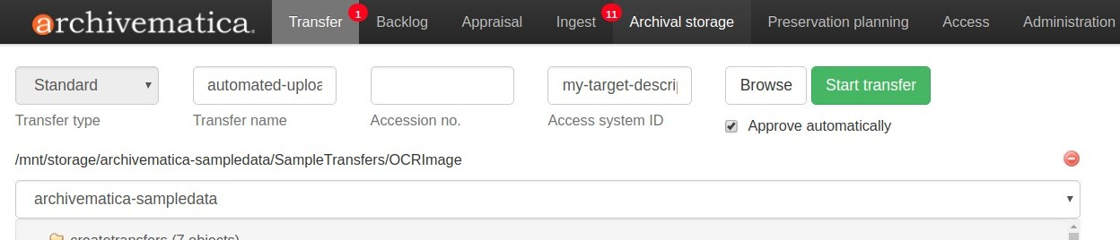 Image shows new transfer with an AtoM slug defined as the access system identifier