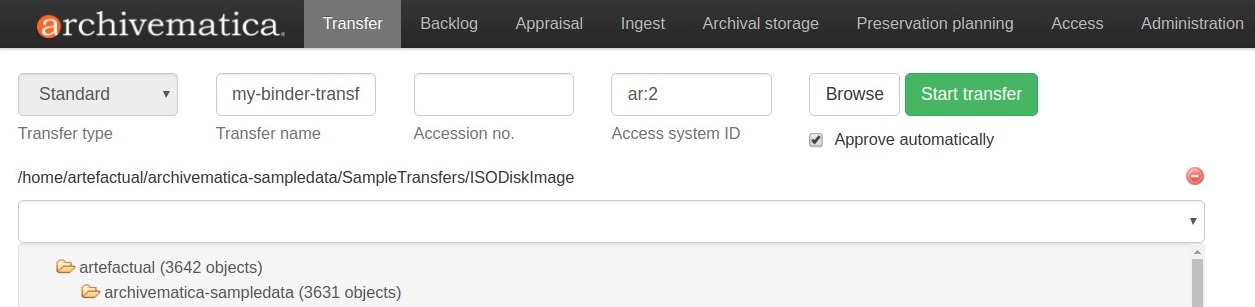 Image shows new transfer with a Binder identifier defined as the access system ID