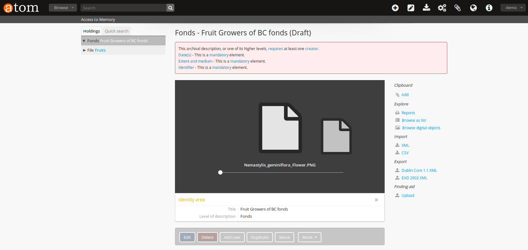 AtoM description showing uploaded content