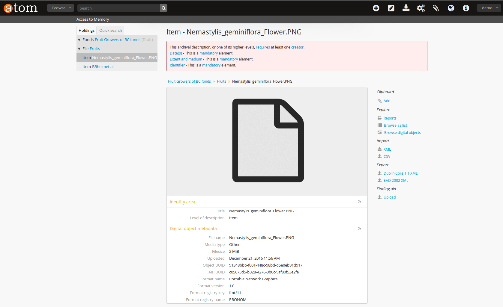 AtoM description showing uploaded item with digital object metadata