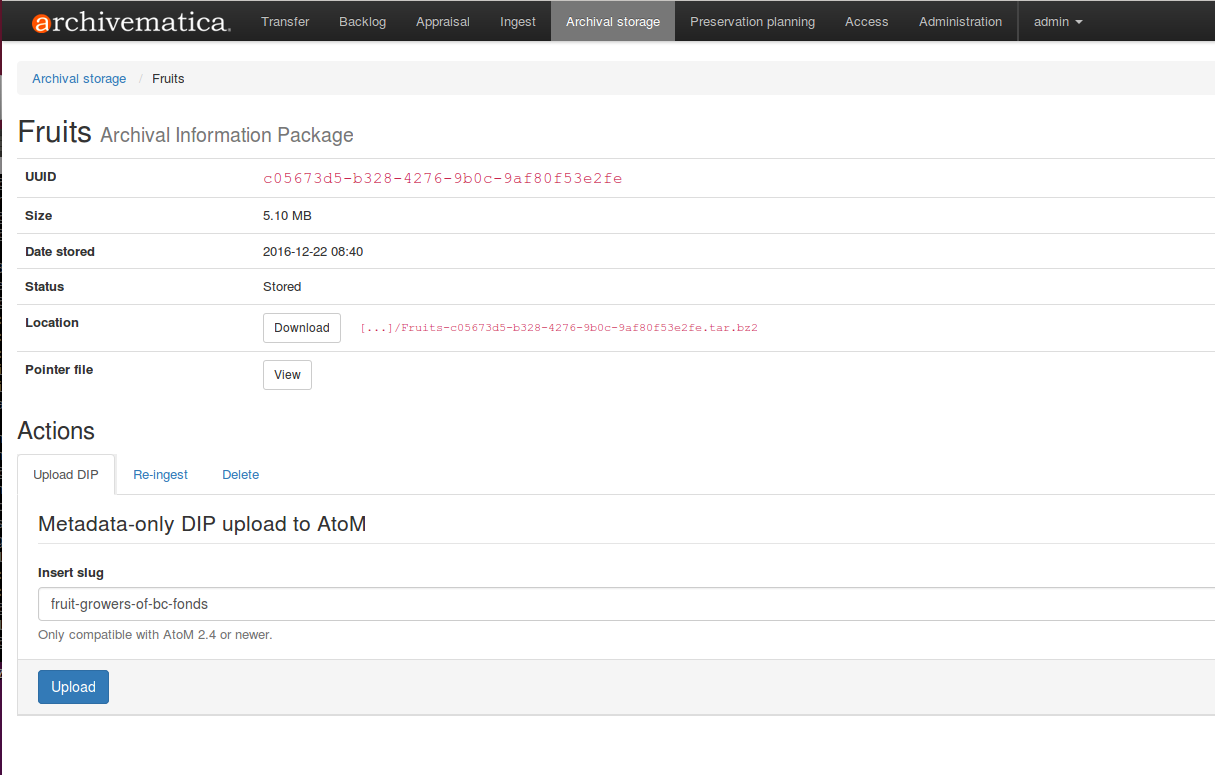 Entering the slug of the AtoM description to upload metadata to