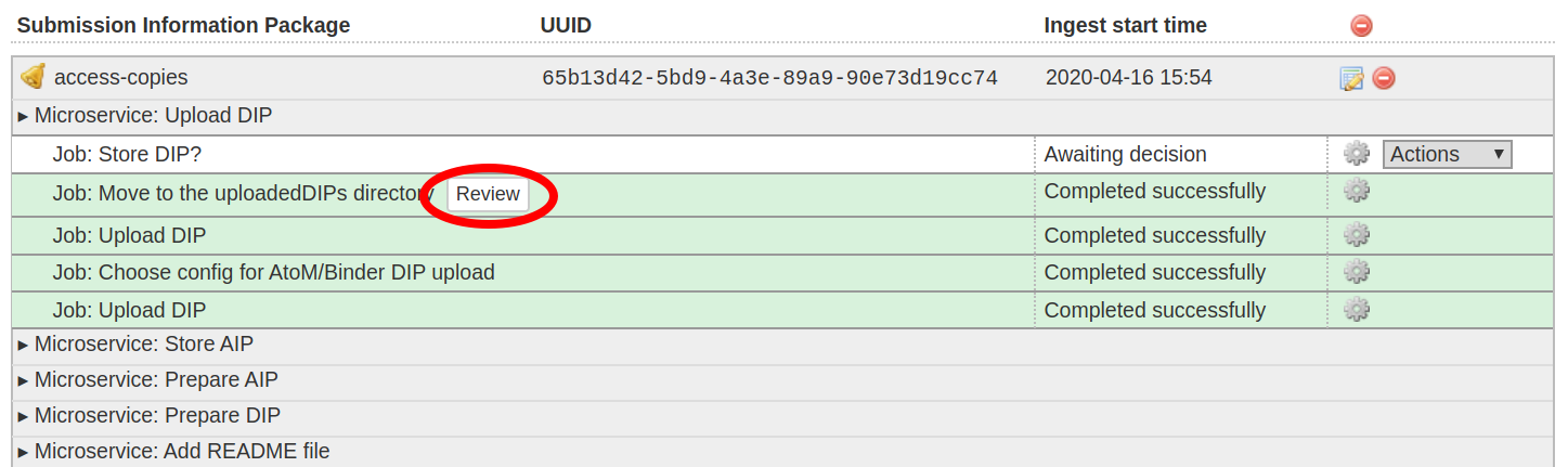 Click on the "review" link in the Upload DIP microservice