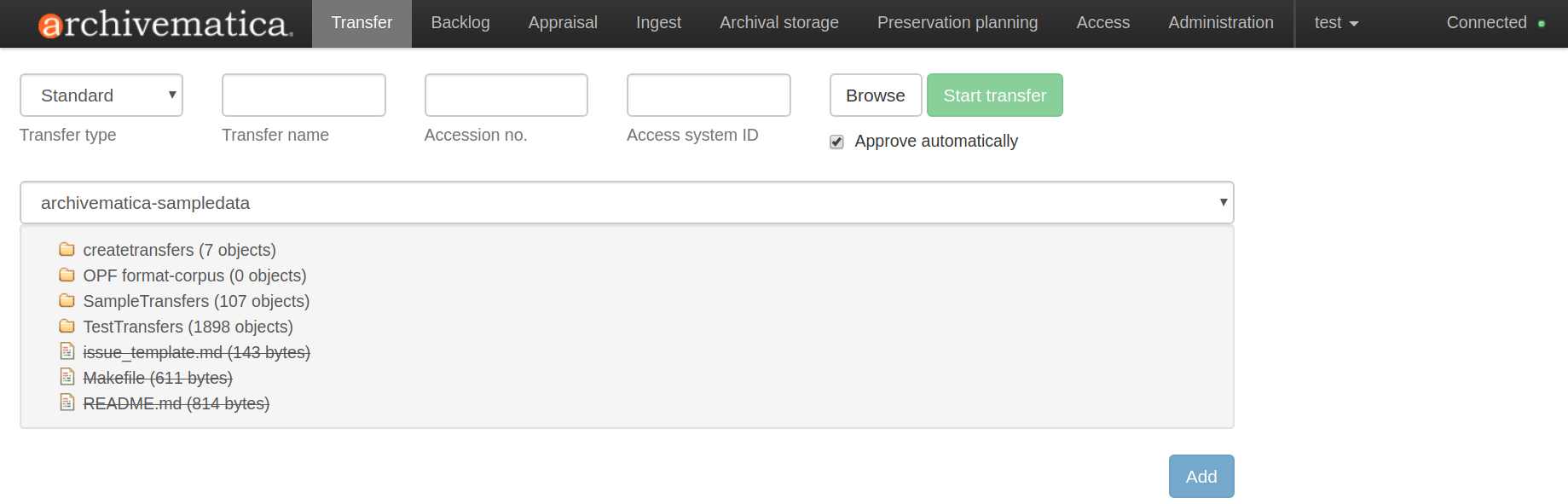 Clicking on the Browse button opens the transfer browser, a list of directories and files available for transfer into Archivematica