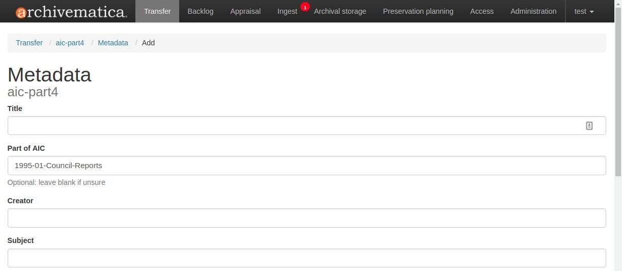 On the add metadata screen, enter a value into the Part of AIC field.