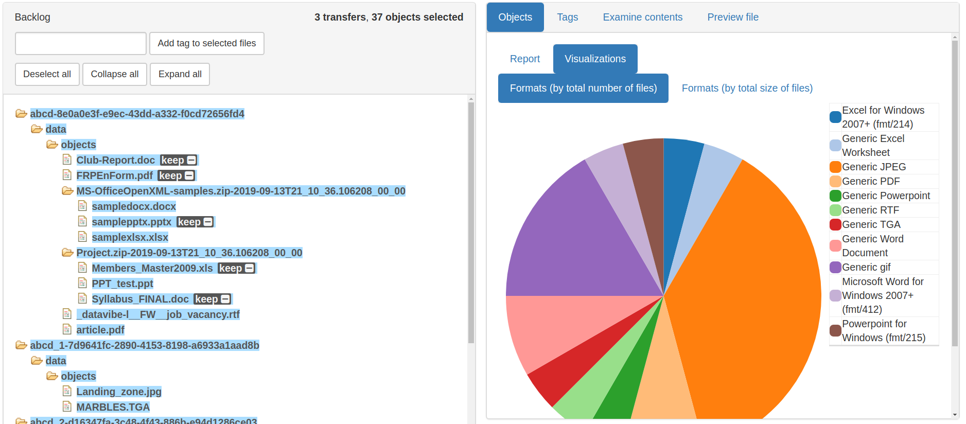 The left-hand side of the image shows the backlog pane with a number of files selected. The right-hand side of the image shows a pie chart depicting the number of files for each format.