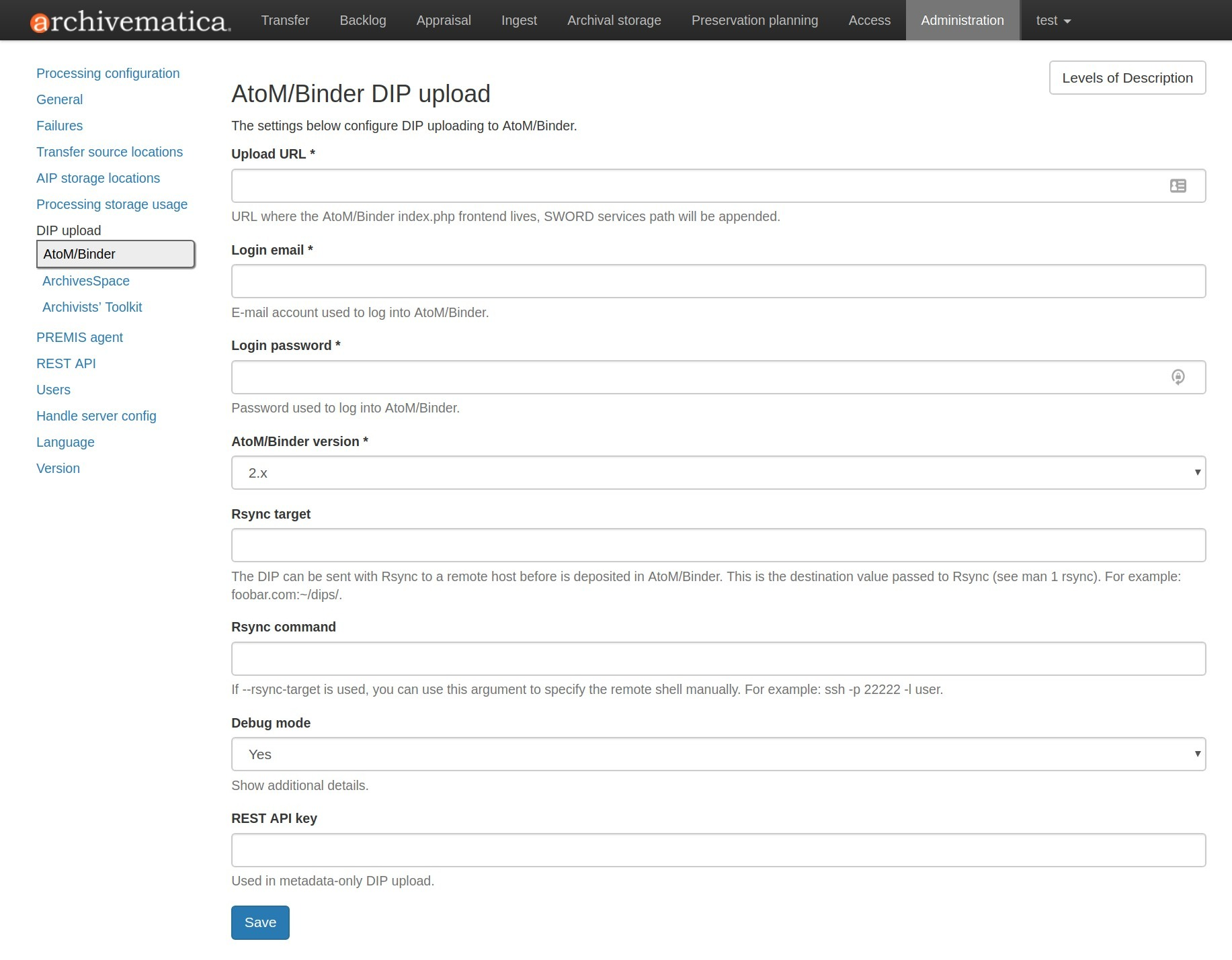 Configuration screen for AtoM or Binder DIP uploads
