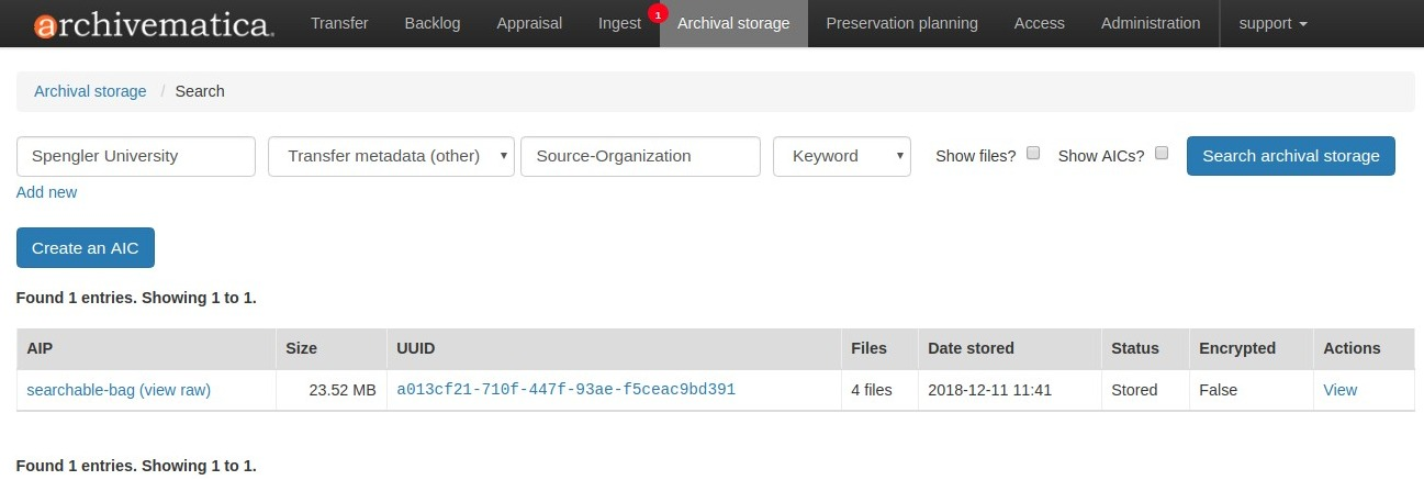 The image shows a search carried out using the term "Spengler University" with the search parameter set to "Transfer metadata (other)", the field name set to "Source-Organization", and the search type set to "Keyword"