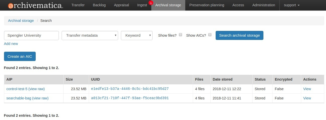 The image shows a search carried out using the term "Spengler University" with the search parameter set to "Transfer metadata" and the search type set to "Keyword"