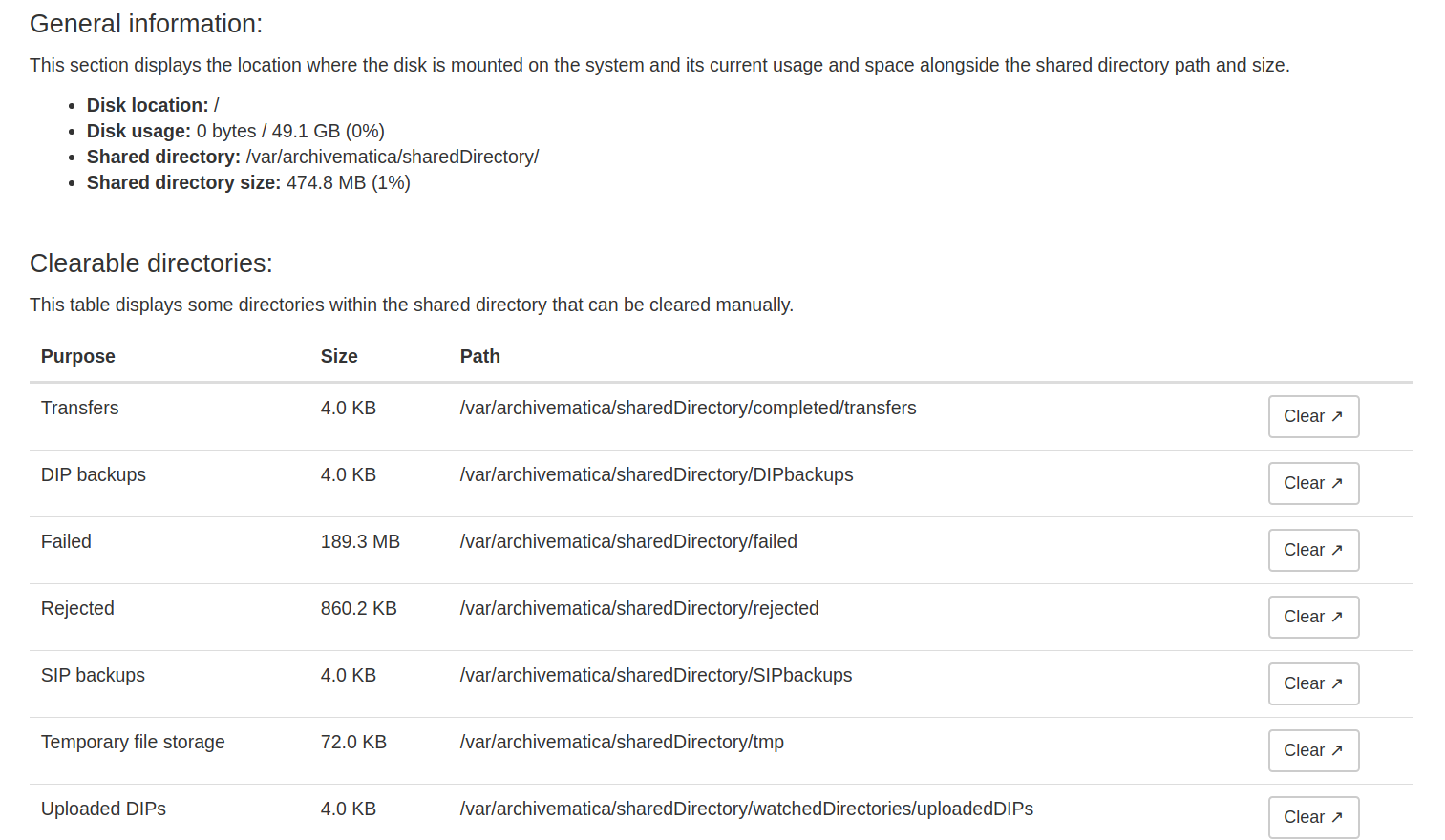 Processing storage usage area of Administration page after calculation, showing a general information section as well as a list of directories and their usage
