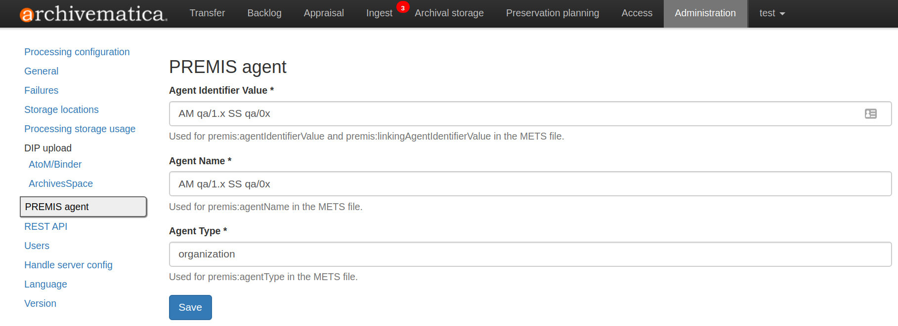 PREMIS agent settings in Administration tab