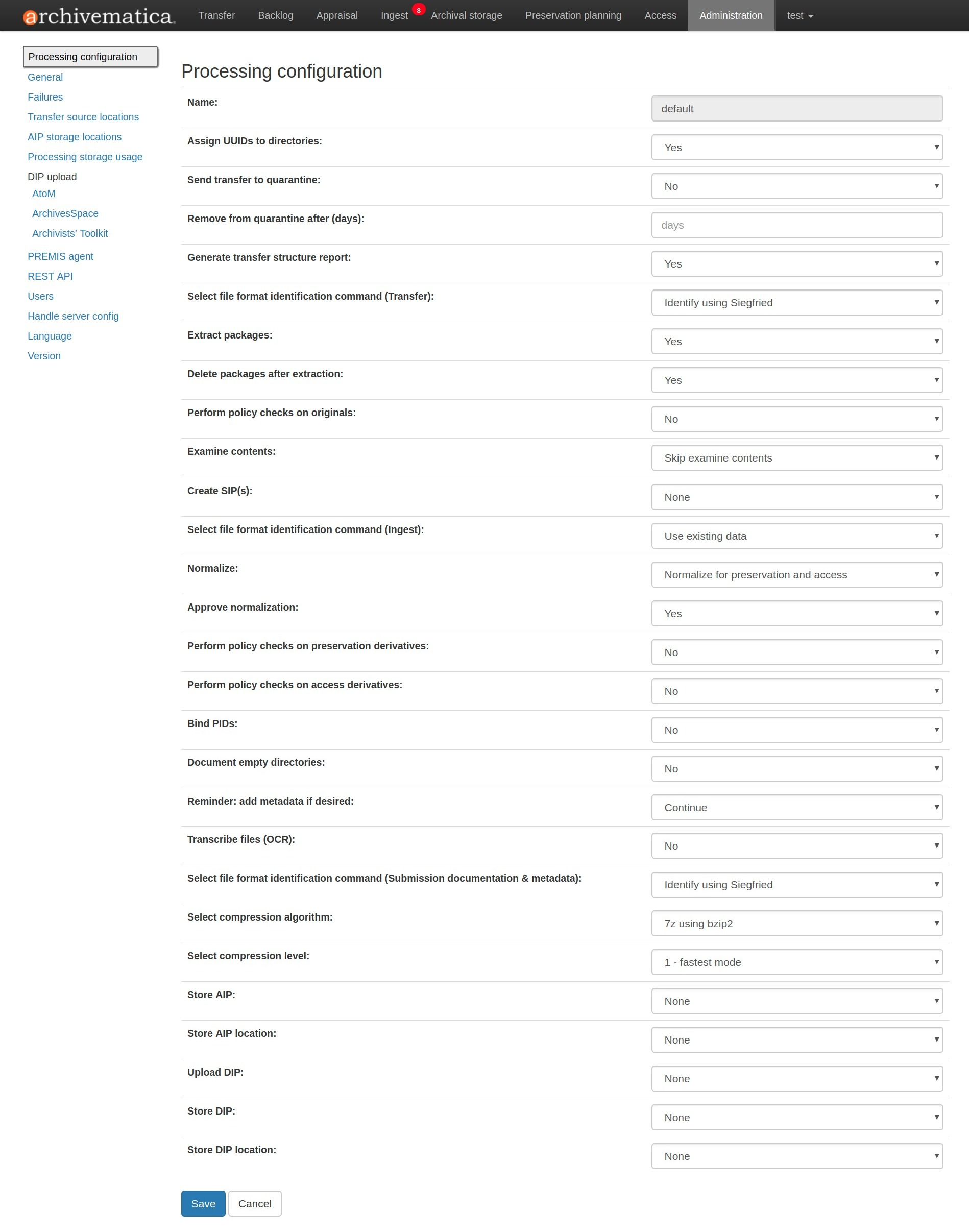 Image showing the processing configuration edit page in the dashboard