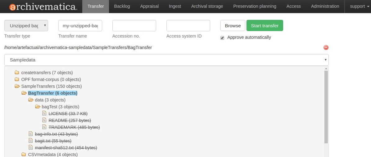 Unzipped bag transfer in dashboard