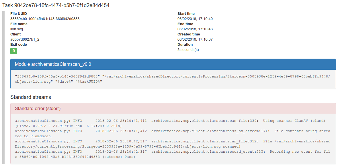 The event log for a successful virus check