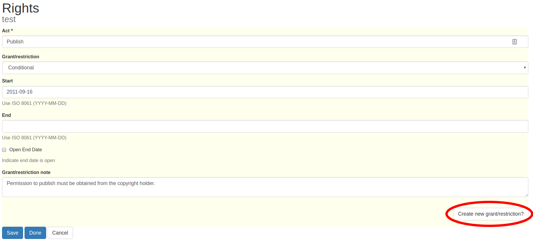 Button to repeat acts in rights template