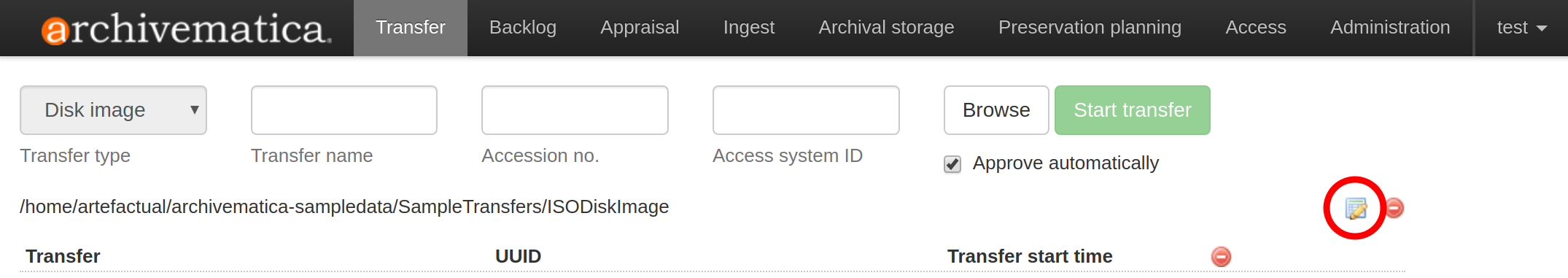 The transfer tab showing a disk image transfer setup, with the metadata icon circled in red.