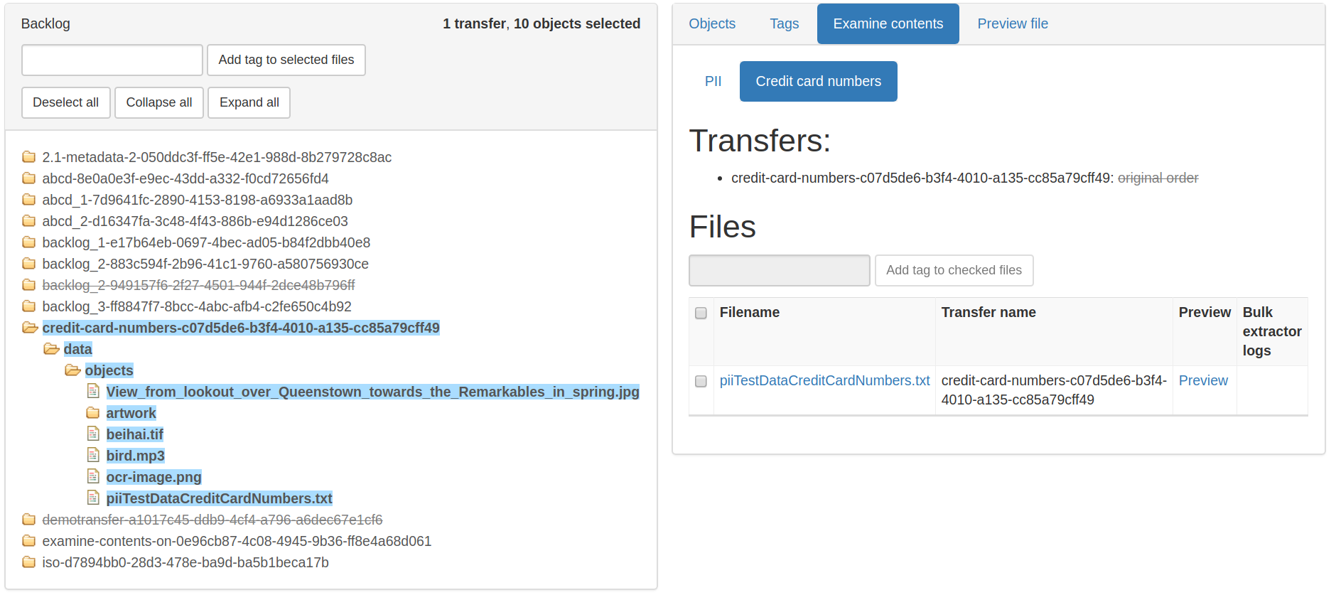 The left-hand side of the image shows the backlog pane with a transfer directory selected. The right-hand side of the image shows that one of the files in the transfer may contain credit card numbers.