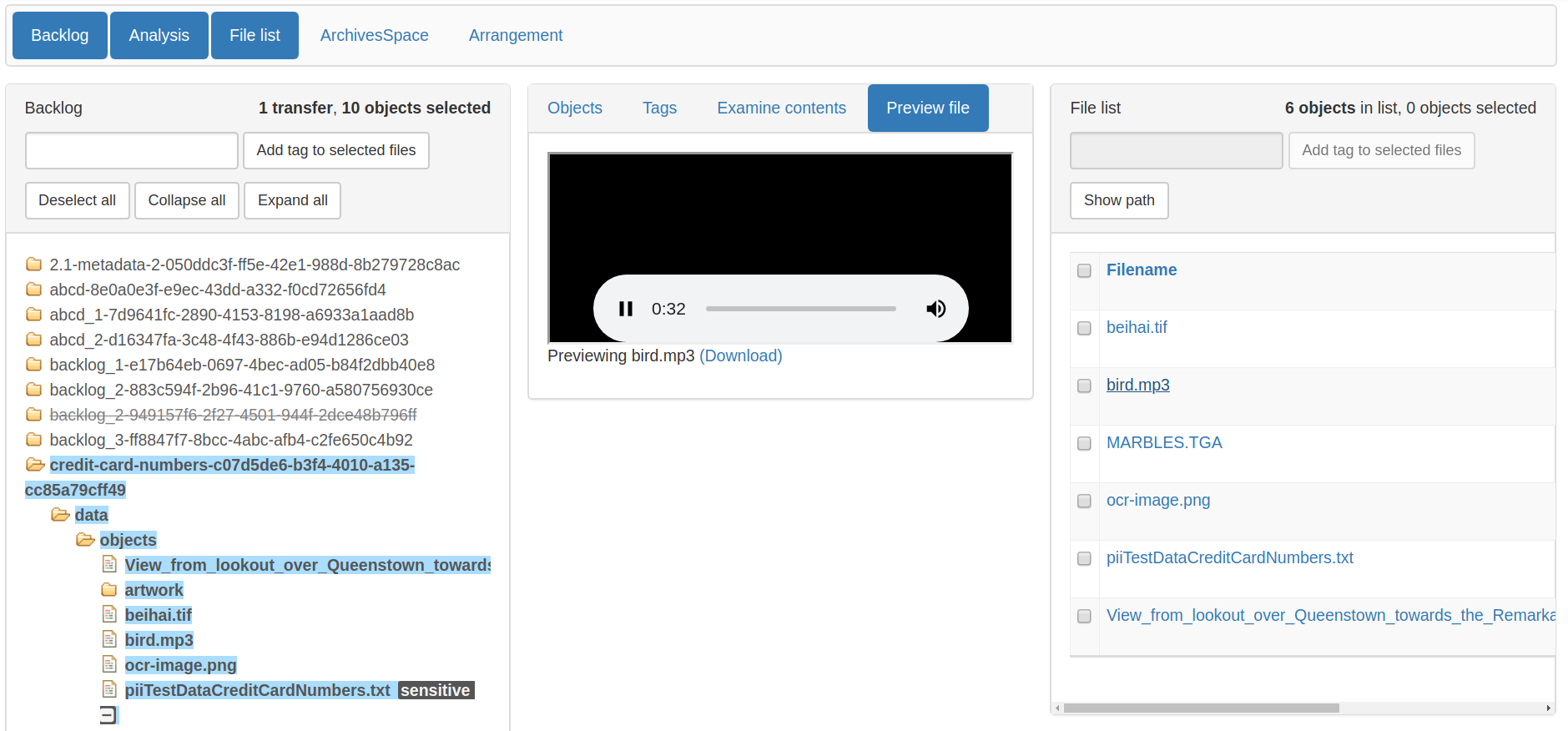 The left-hand column shows the backlog pane with a transfer directory selected. The right-hand colum shows a list of the files in the transfer. The centre column shows a media player with a file called bird.mp3 playing.