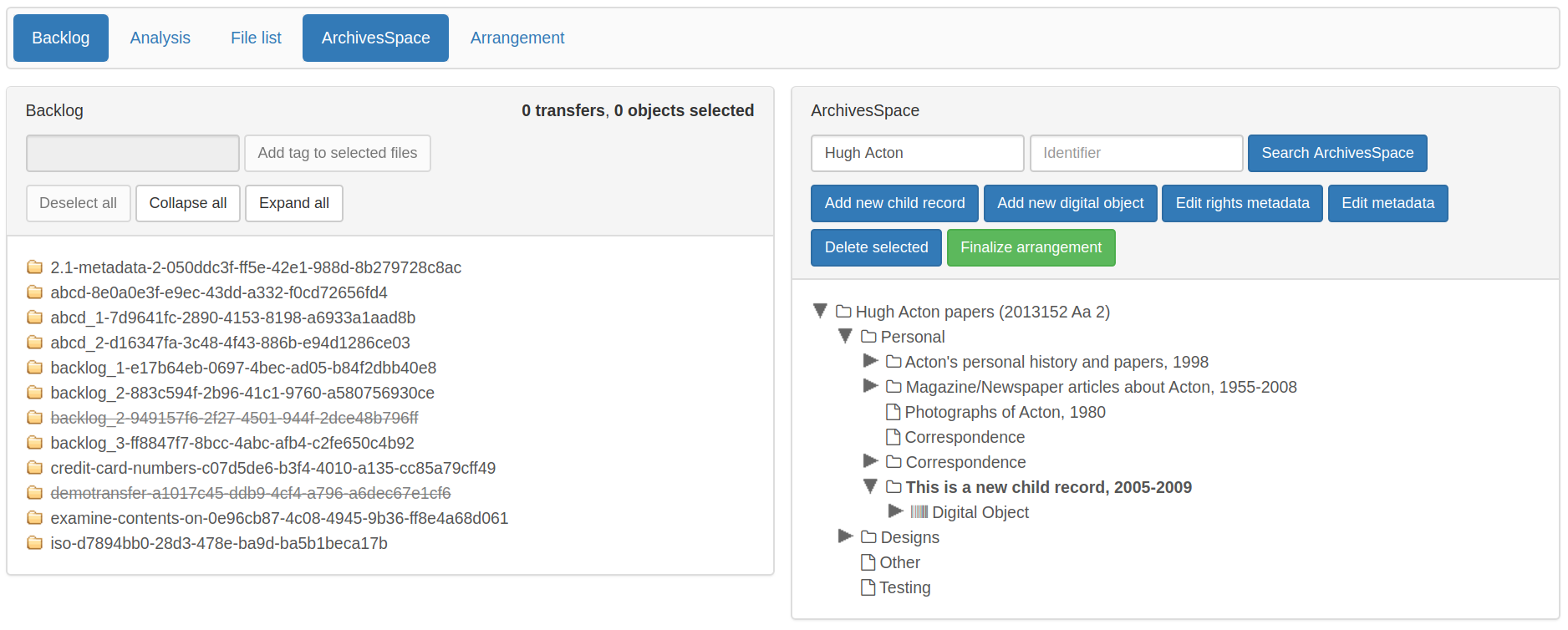 The left-hand side of the image shows the Backlog pane. The right hand side of the image shows the ArchivesSpace pane, with a new digital object record added as a child of "This is a new child record, 2005-2009".