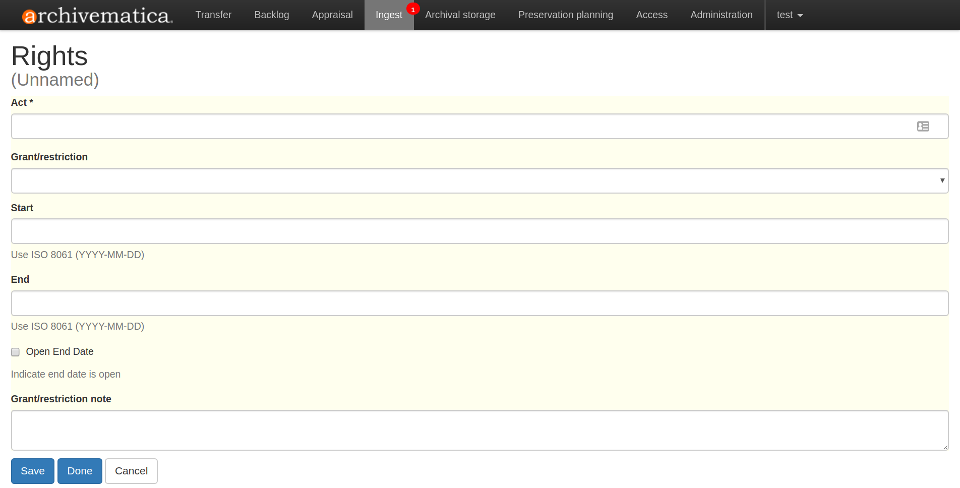 Form for adding rights information.
