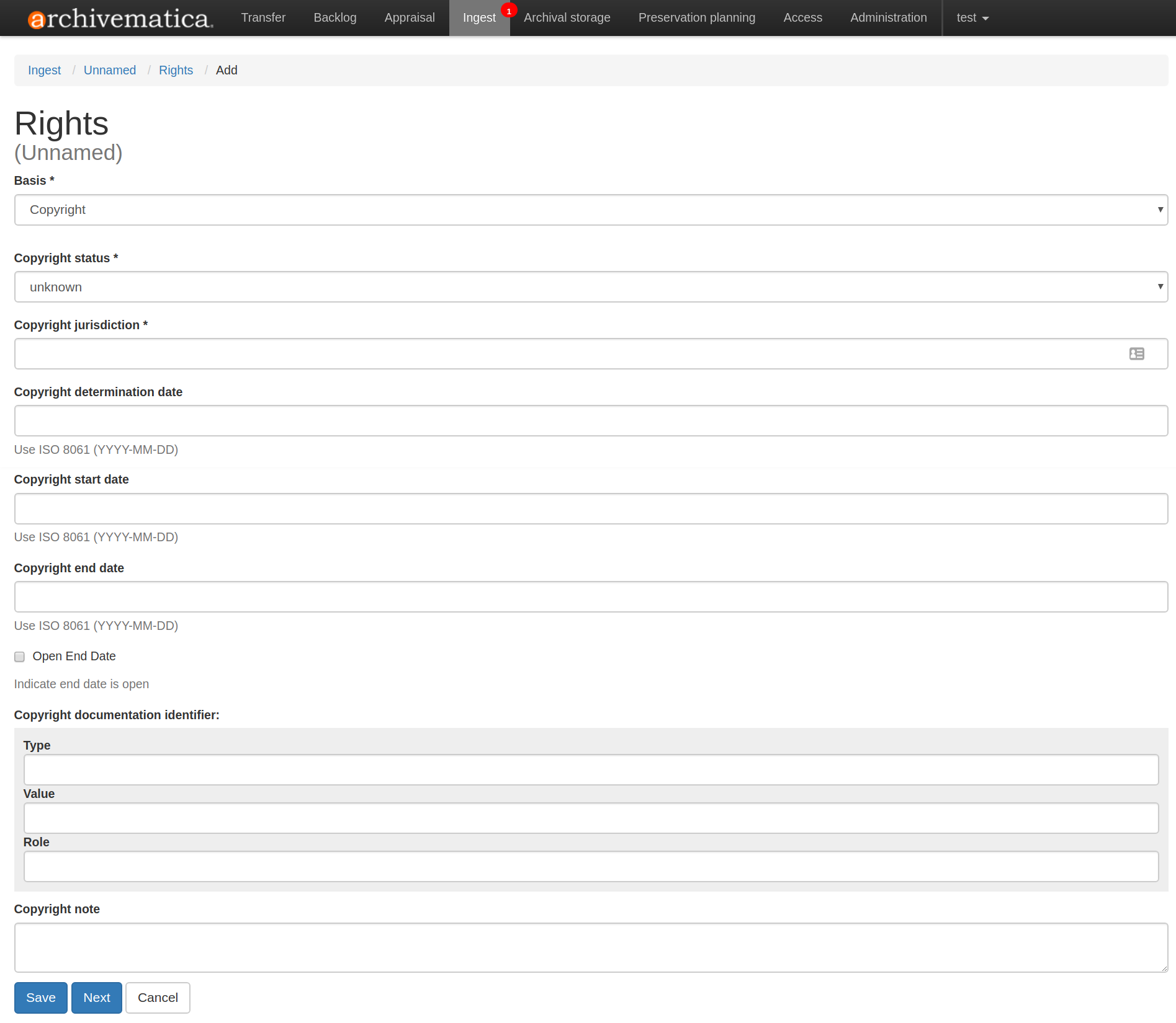 Form for adding rights information.