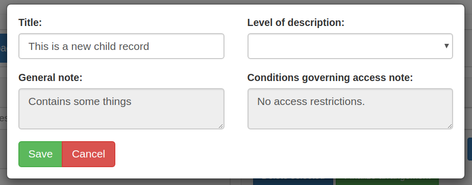 "Edit metadata" dialogue box, showing fields to change the title or level of description.