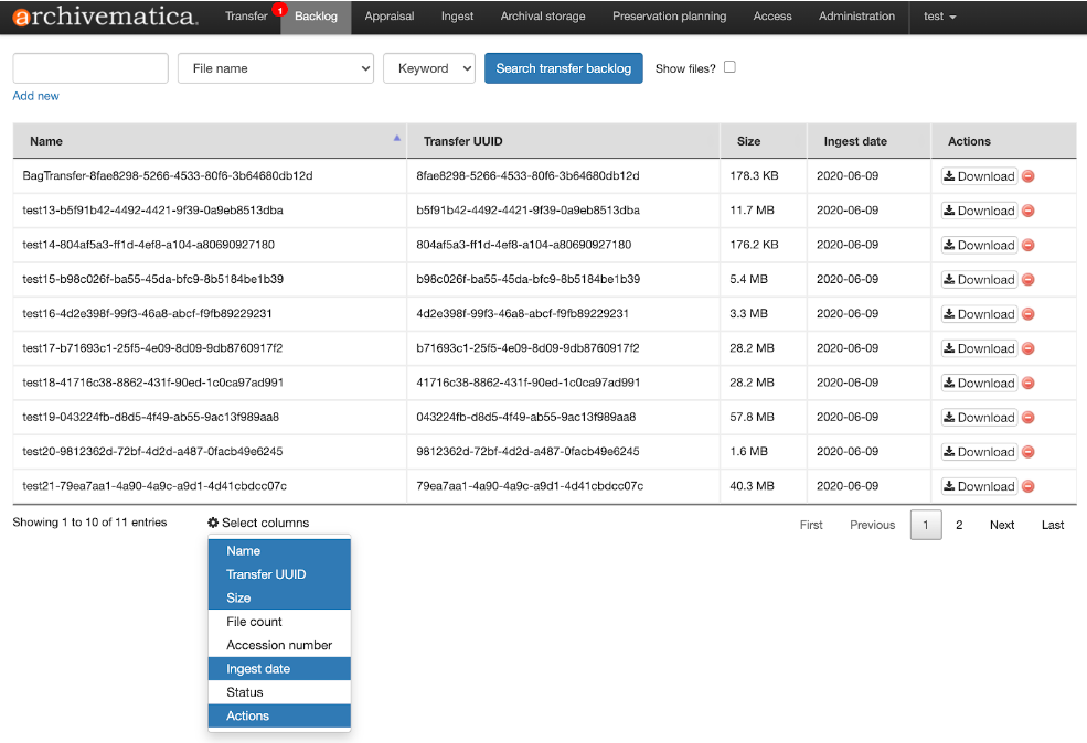 Archivematica backlog tab showing select columns options