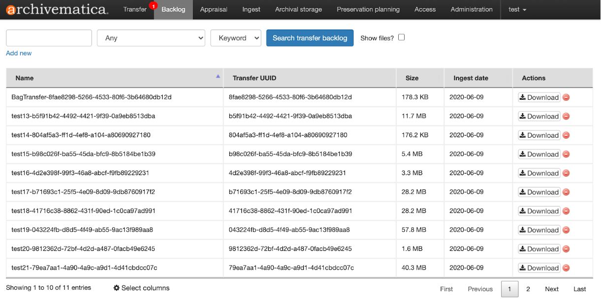 Archivematica backlog tab showing all transfers in the backlog