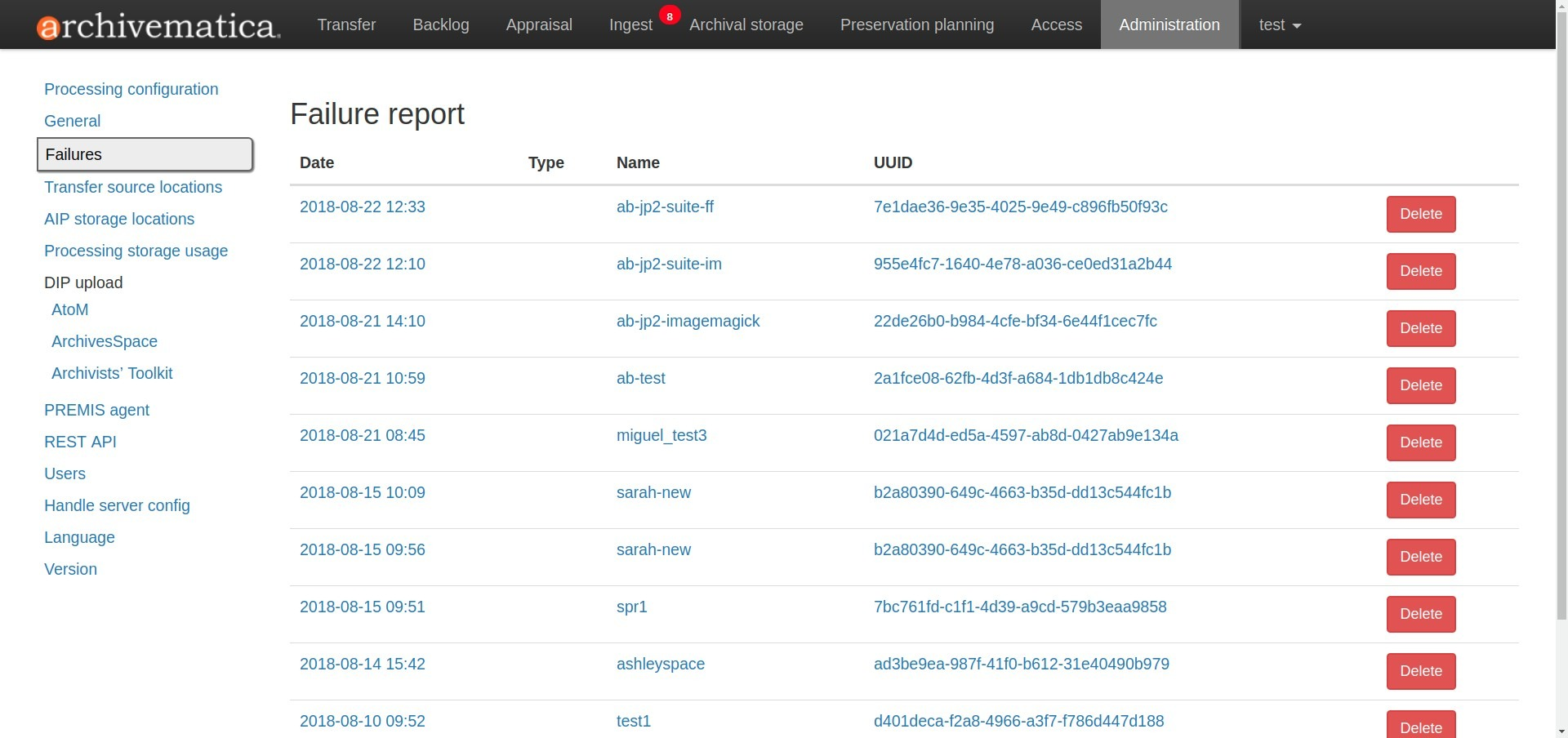 Failures report in the dashboard