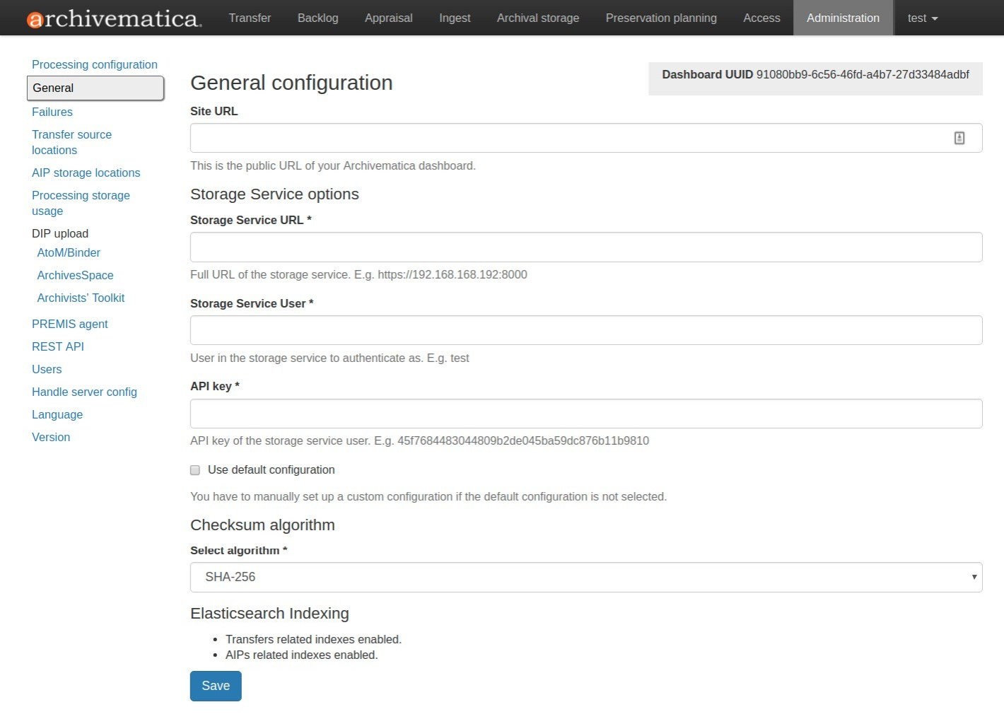 General configuration options in Administration tab of the dashboard