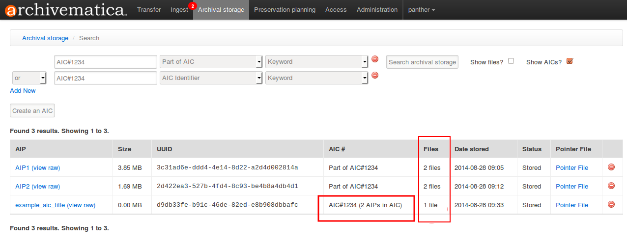 Search for AIC number in Archival storage
