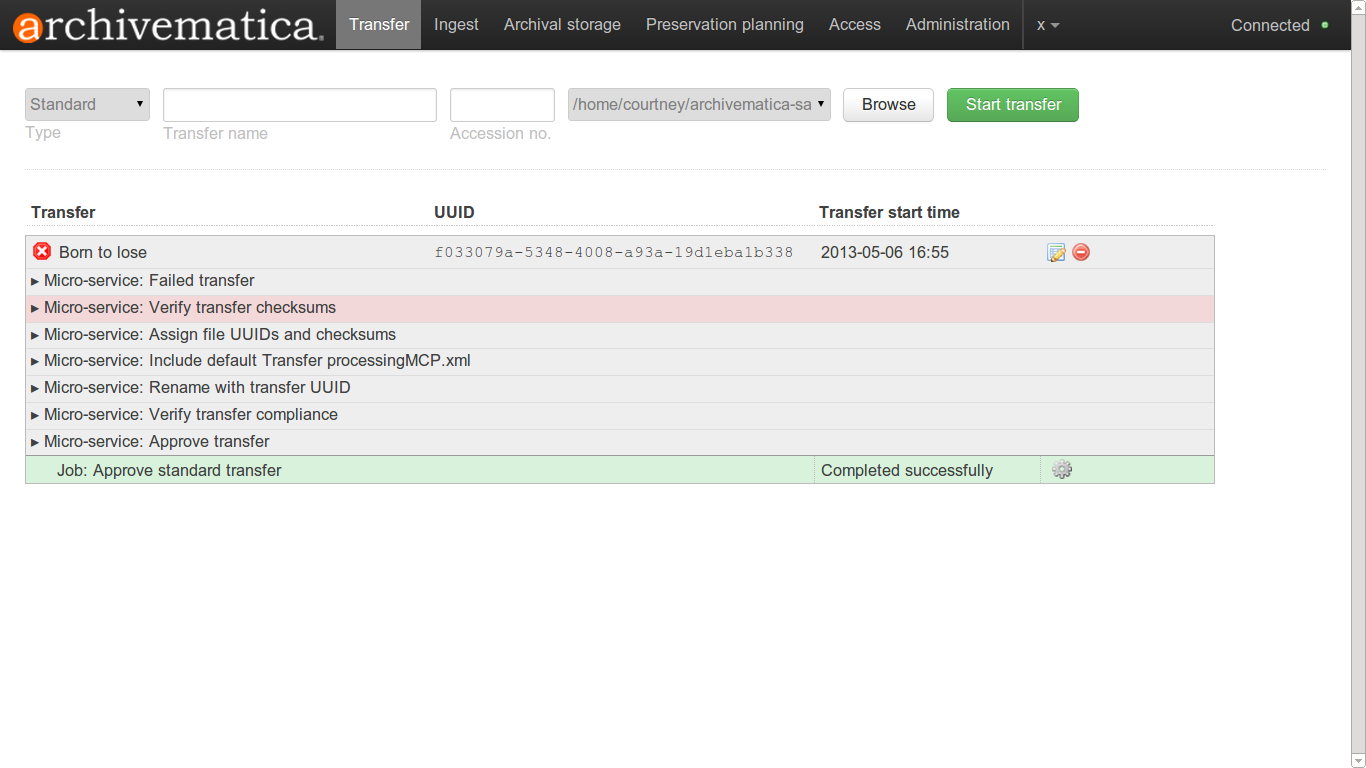 The dashboard showing a transfer has failed