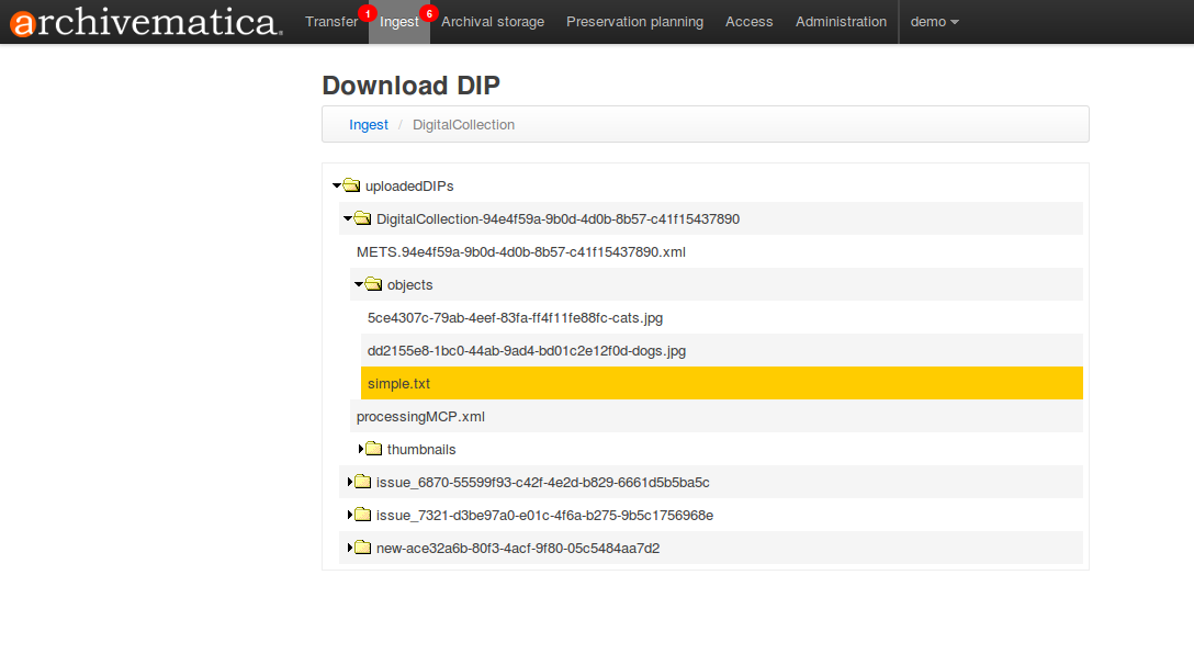 Download DIP screen showing CONTENTdm tab file in objects directory