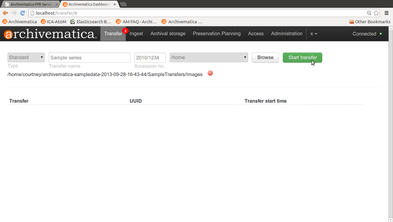 Start transfer in dashboard