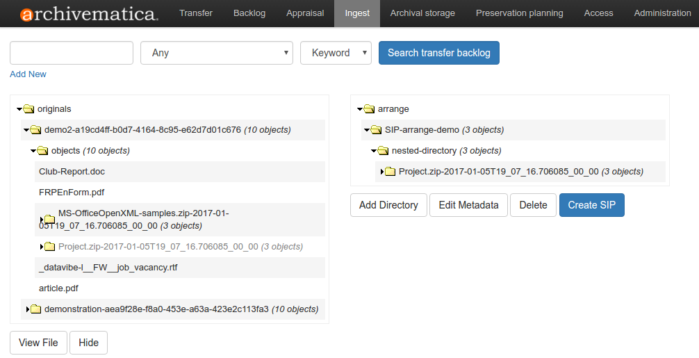 Creating a new directory in the Arrange pane