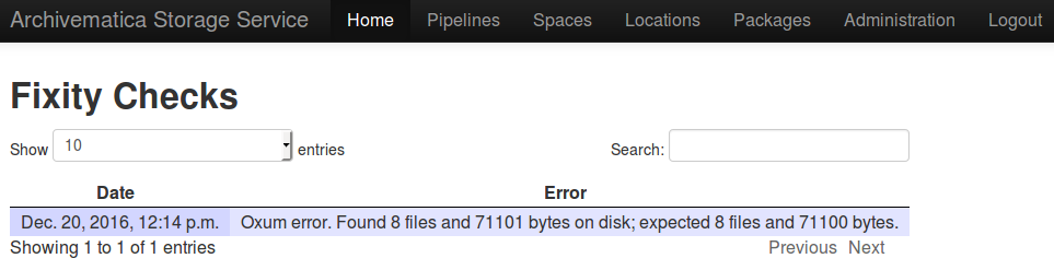 The fixity check information page showing the results of one fixity scan, which resulted in an error.